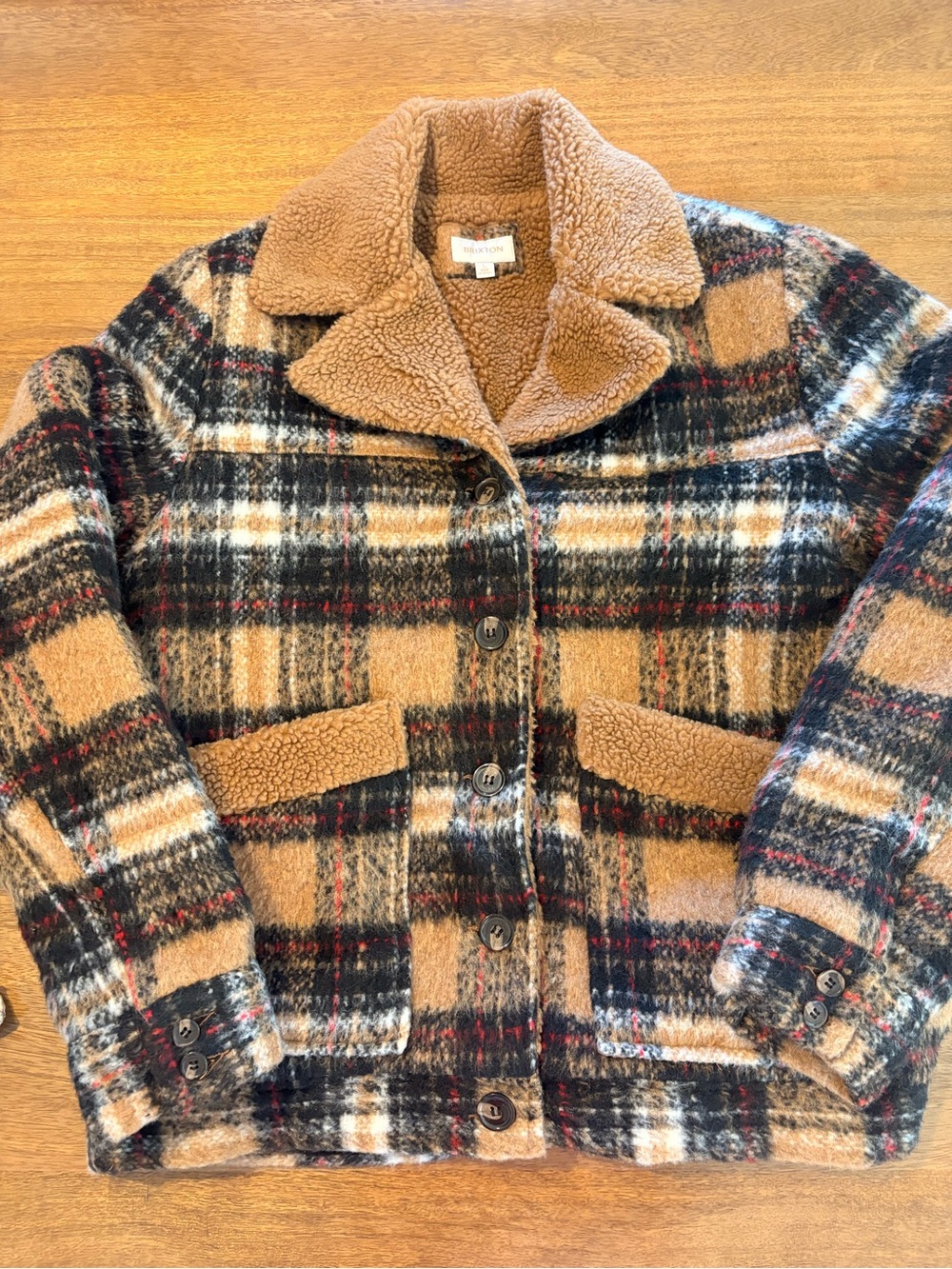 Brixton Plaid Teddy-Collar Jacket in Tan, Black & Cream
